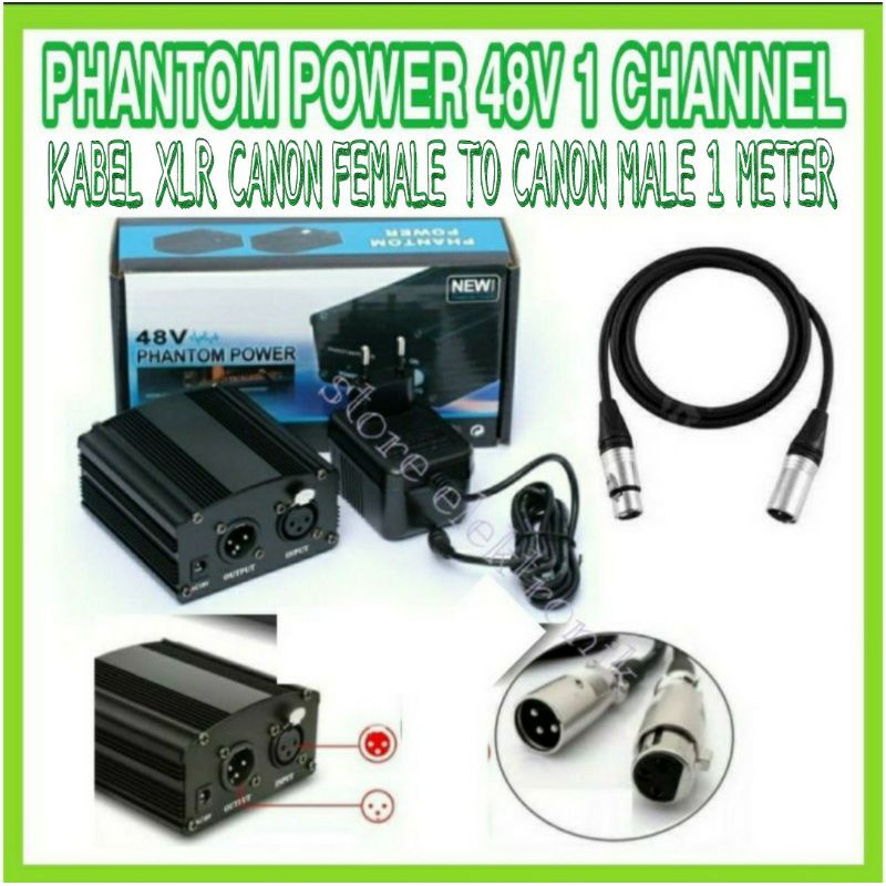 Paket Phantom Power Supply 48V - Kabel XLR Male To Female 1 Meter For Mic Condenser
