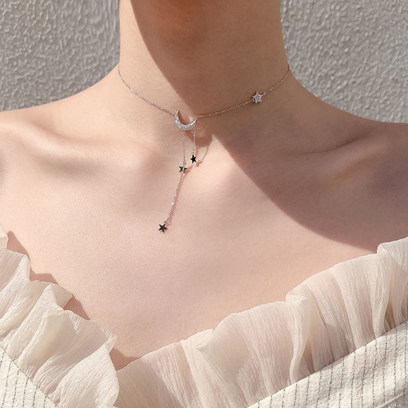 Fancyqube Kalung Choker Sterling Silver 925 Model Bulan Bintang Rumbai Untuk Wanita