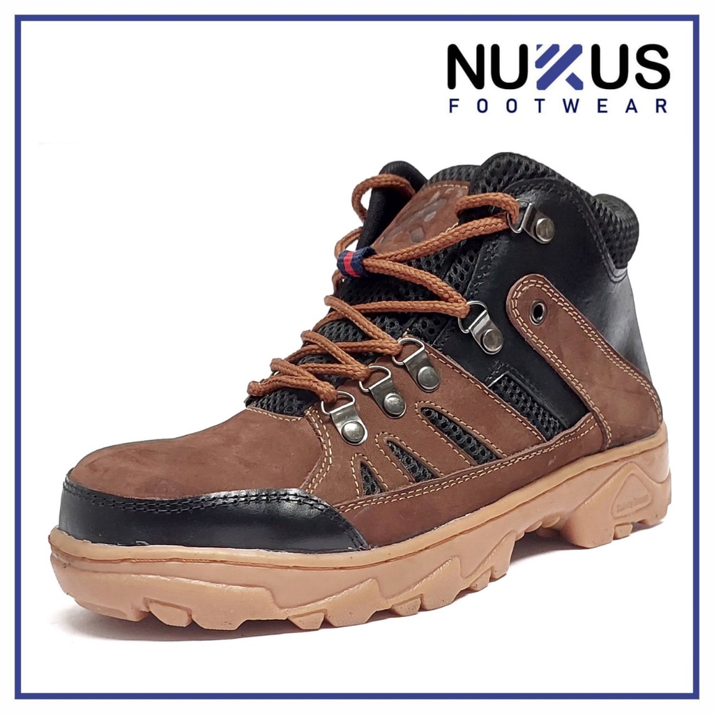 Nukus Footwear Sepatu Safety Shoes Boots High Pria Tali Kulit Sapi Asli Coklat Hitam - BCH 01