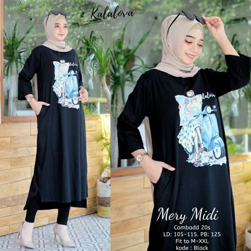 Mery midi/baju dress midi  cewek muslimah terbaru/terlaris kaos midi bahan combed 24s aplikasi sablon