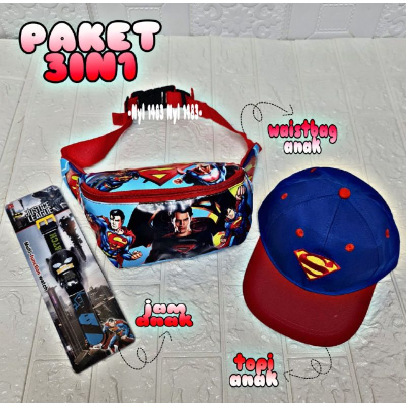 New paket murah 3in1 tas pinggang anak tas waistbag / topi anak / jam tangan anak