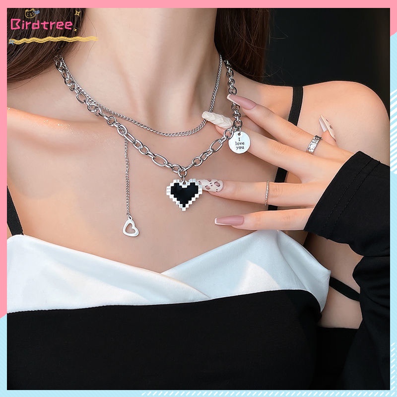 COD❤️Kalung Titanium Cinta Mosaik Wanita Pria Korea Liontin Hip Hop Anti Karat Dan Luntur Mewah Multi-layer Retro Murah Import Ready Stock