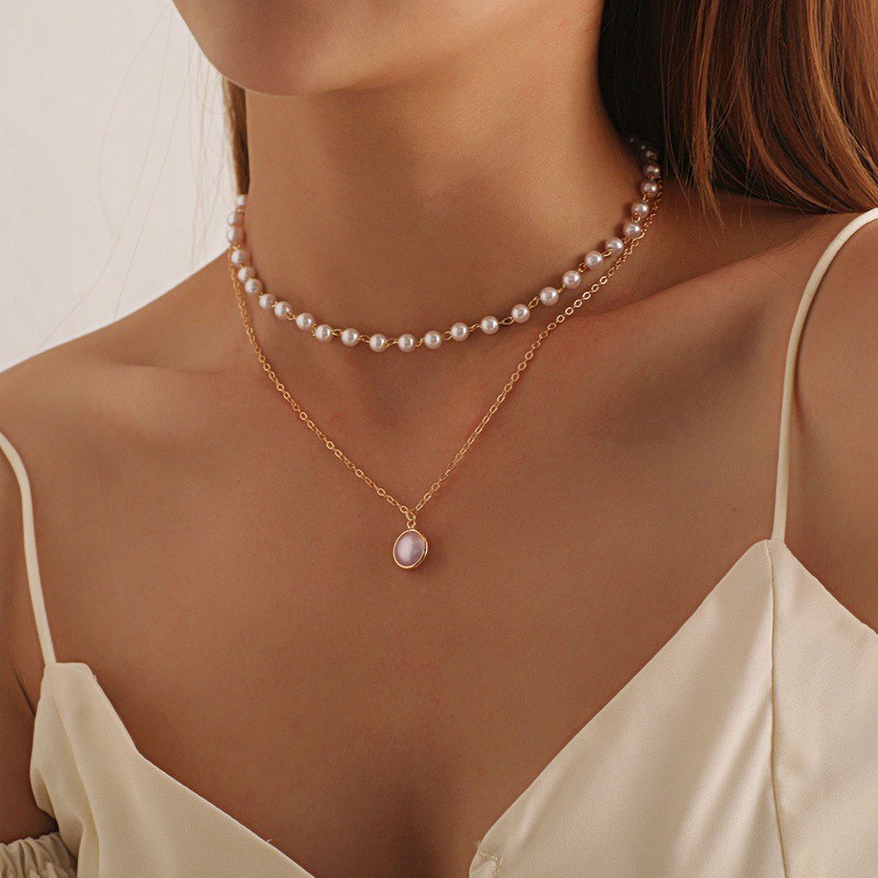 Women Fashion Retro Pearl Metal Korean Style Lock Necklace Multilayer Pendant Gold Chain Choker Jewelry Accessories