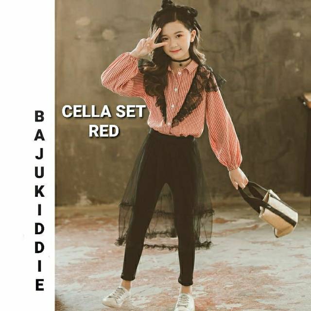 CELLA SET / SETELAN KEMEJA LENGAN PANJANG CELANA PANJANG ANAK CEWEK IMPORT KOREA MOTIF KOTAK