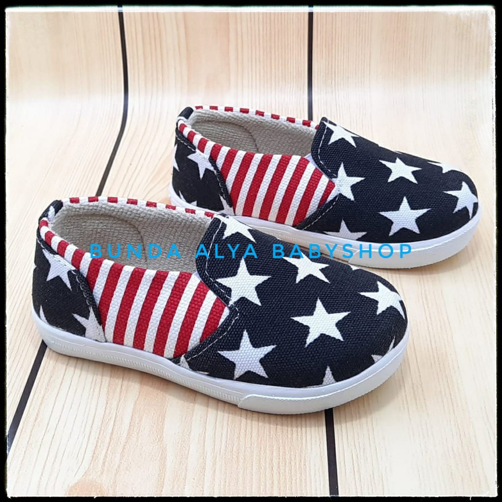 Sepatu Anak Laki Laki 1- 6 Tahun HITAM Bintang - Sepatu Anak Cowok Slip On Stripe Size 22 - 35 Sepatu Anak Unisex Cewek Cowok