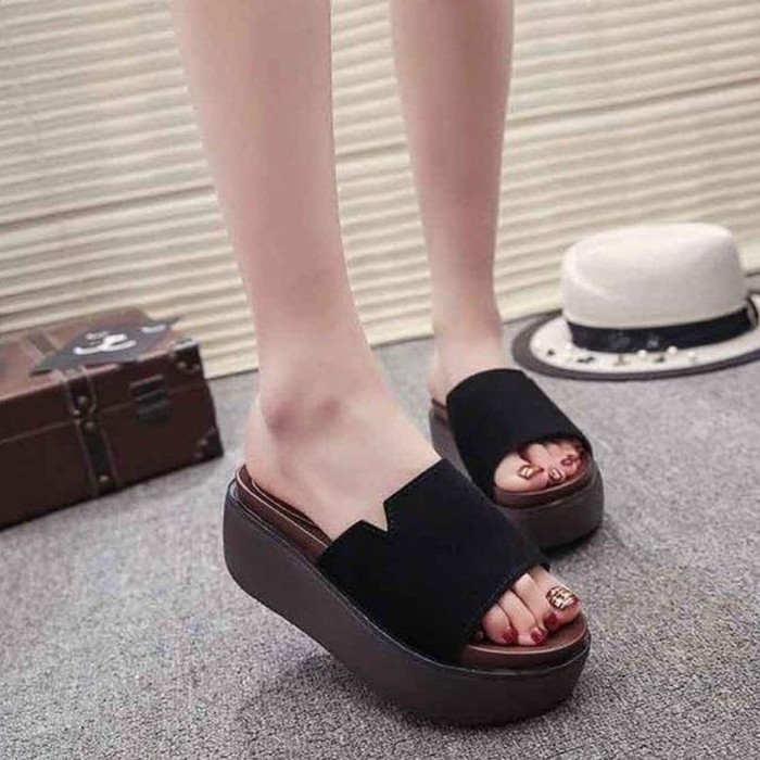 9466Lr Sandal Wanita Wedges Alona Putih Tinggi 12Cm Sendal Wejes  KX591 Mr106 Hitam - Hitam