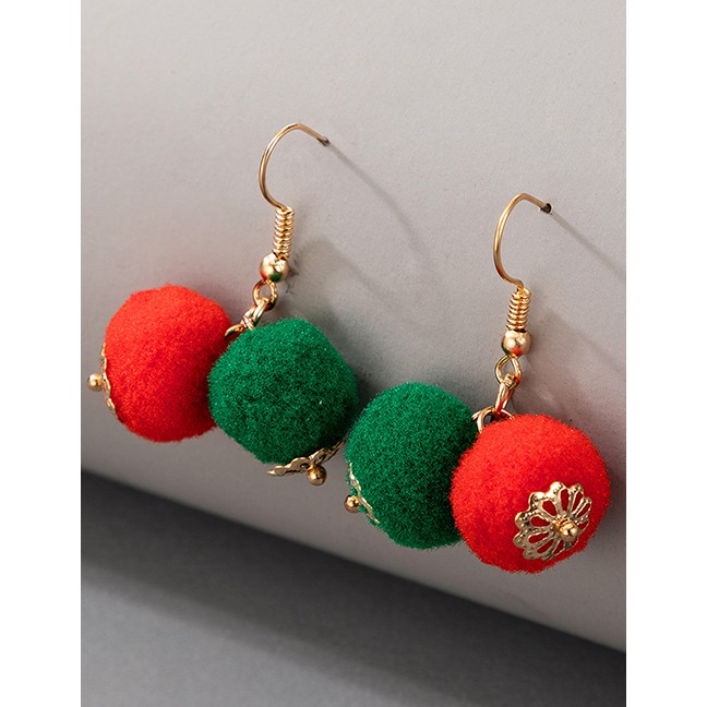 LRC Anting Gantung Natal Fashion Long Hair Ball Christmas Elk Bell Hair Ball Asymmetrical P75597