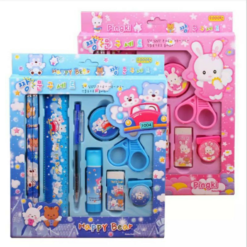 stationery set lucu - alat tulis korea pink blue bear