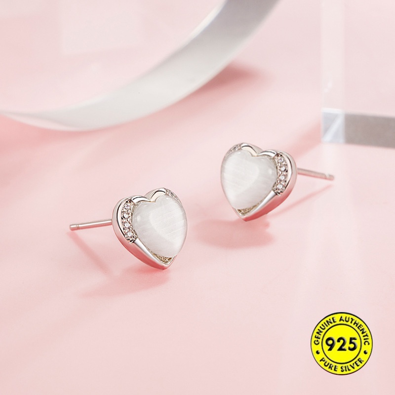 Anting Tusuk Sterling Silver 925 Desain Hati Hias Batu Opal Anti Air / Alergi Untuk Wanita