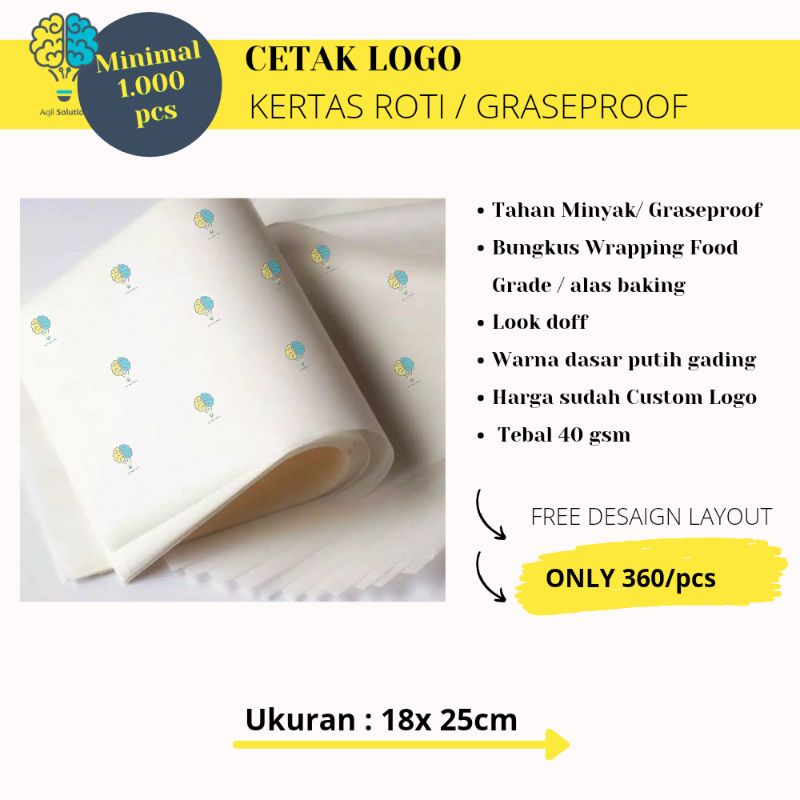 (Cetak Logo 18x25cm) Kertas Roti Foodgrade Baking Paper Graseproof Bungkus Makanan Burger dll Perlengkapan  Kemasan Packing Hampers Kado By Aqilsolution