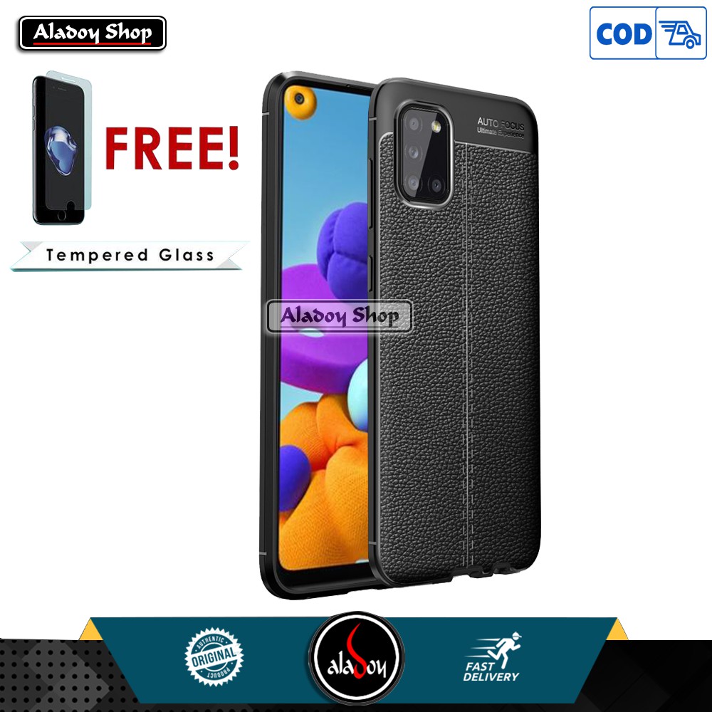 Case Samsung A21S Ultra Slim Autofocus Leather Premium Softcase + Tempered Glass Pelindung Layar