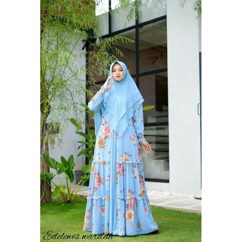 Set Gamis Syari Ceruty Ori Biru Wardah