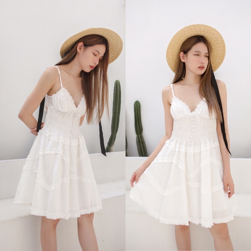 DRESS WANITA KOREA STYLE MINI SUMMER DRESS CASUAL PANTAI BALI TANPA LENGAN LILY WHITE DRESS V NECK B