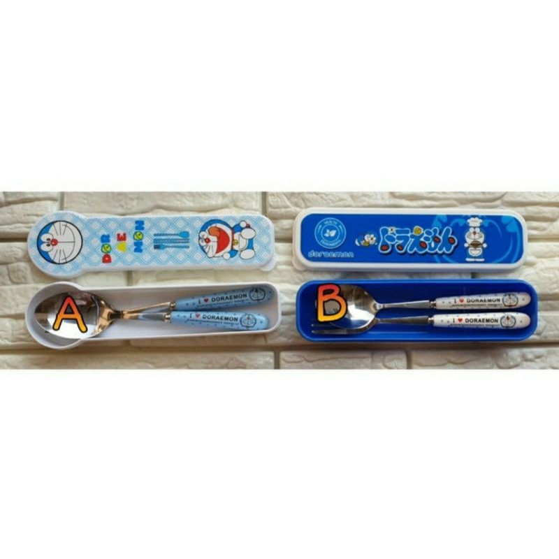 set sendok garpu Doraemon  stainless gagang keramik 20cm