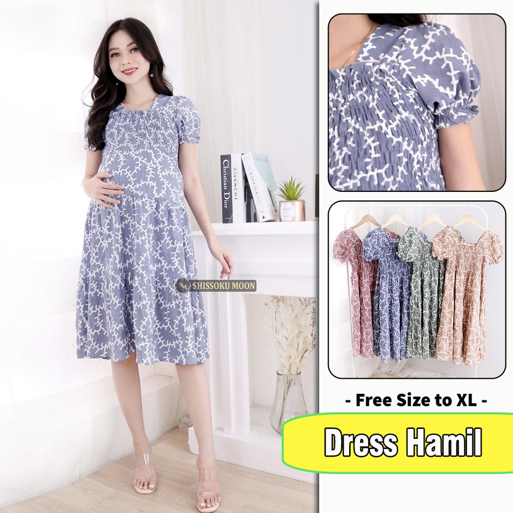 Baju Dress Hamil Model Casual Bahan Cey Crinkle Motif Smoky - Xiena