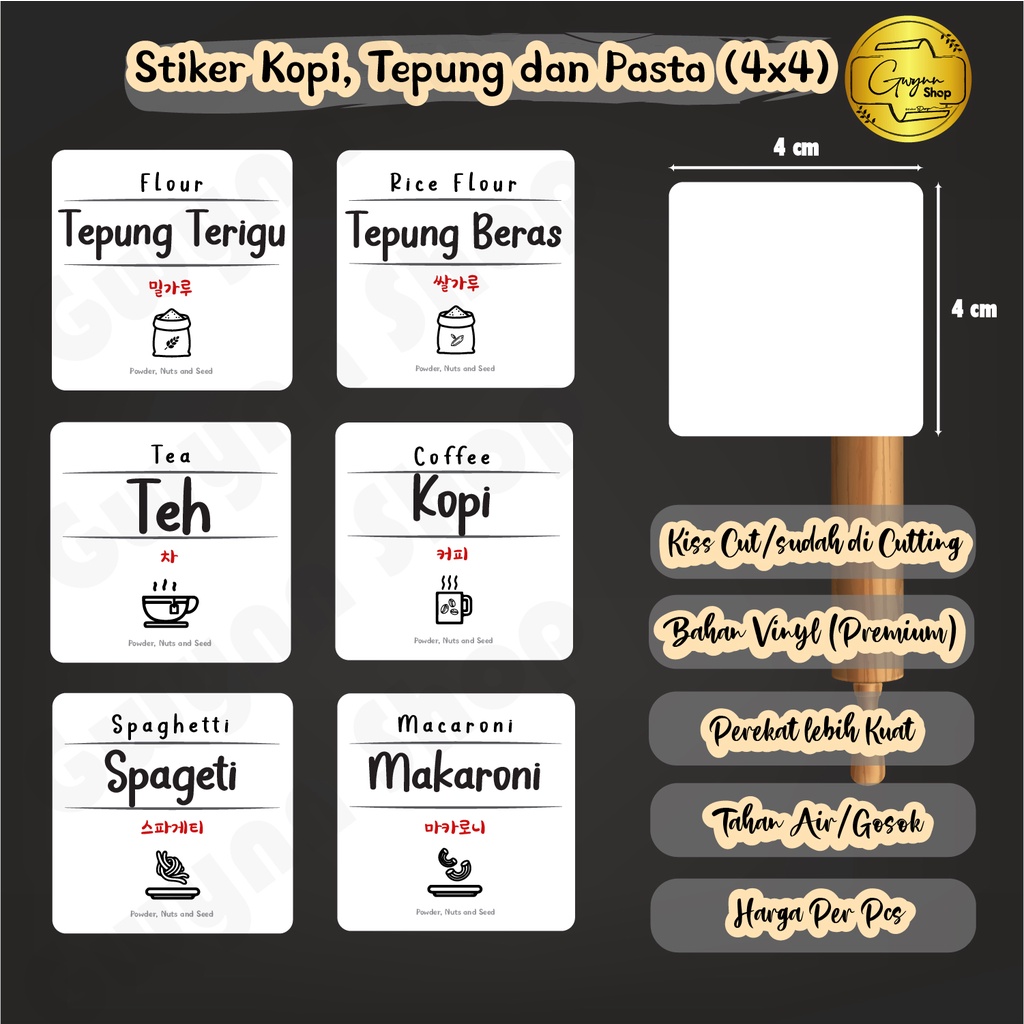 

Label Stiker Kopi, Tepung, Pasta, dll Waterproof (4x4 cm)