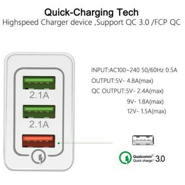 [COD] KEPALA ADAPTOR ADAPTER BATOK CHARGER QUALLCOMM UNIVERSAL 18W USB QUICK CHARGE 3.0 5V 3A QC3UB