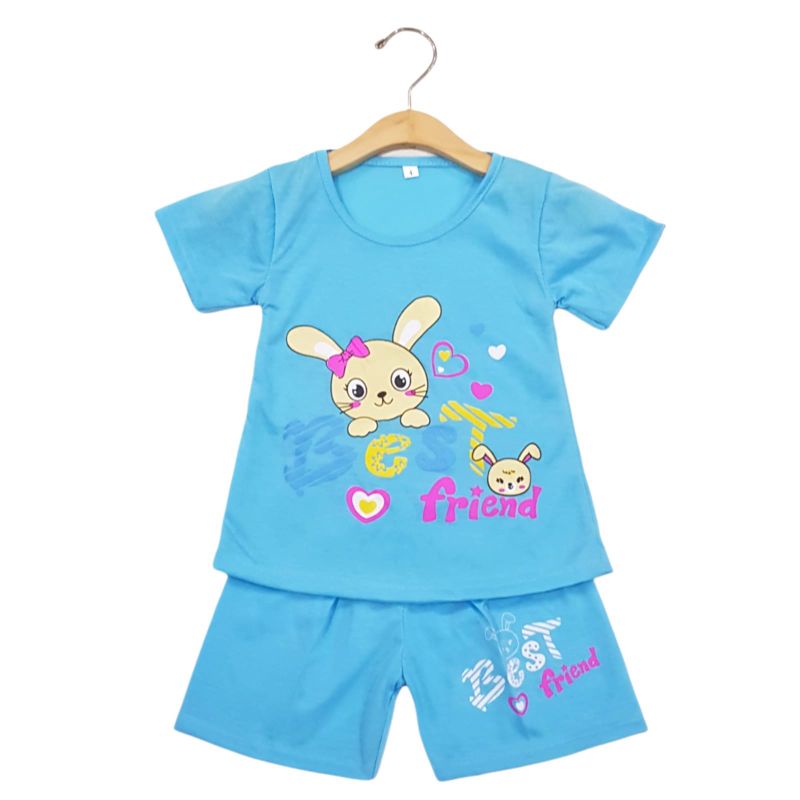 SETELAN SIKUNING PAKAIAN BAJU ANAK PEREMPUAN 2-7 TAHUN MOTIF BEST FRIEND RABBIT