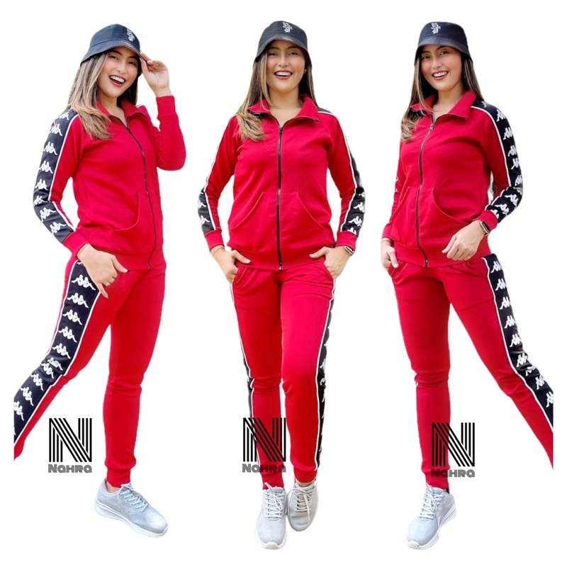 Setelan Baju Senam Olahraga Wanita Model Jaket Varian Merah List Kppa