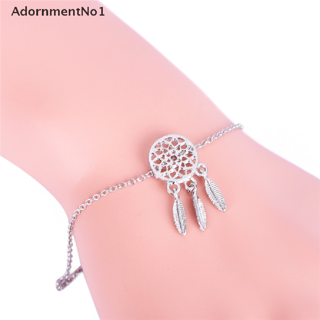 (AdornmentNo1) Gelang Tangan Rantai Aksen Dream Catcher + Rumbai Bulu Untuk Perhiasan Wanita