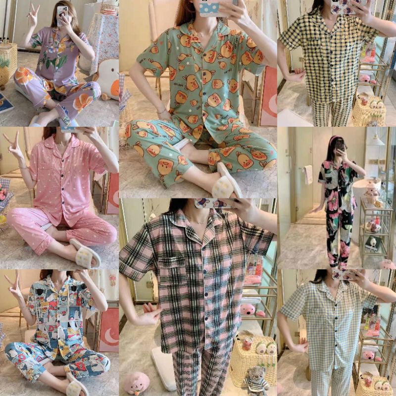 RULIF Baju tidur wanita / Piyama CP wanita import krah kancing lengan pendek