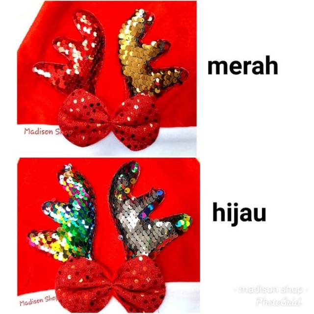 Topi Natal Tanduk Rusa Reversible Sequin Murah Bando Pita Natal Murah