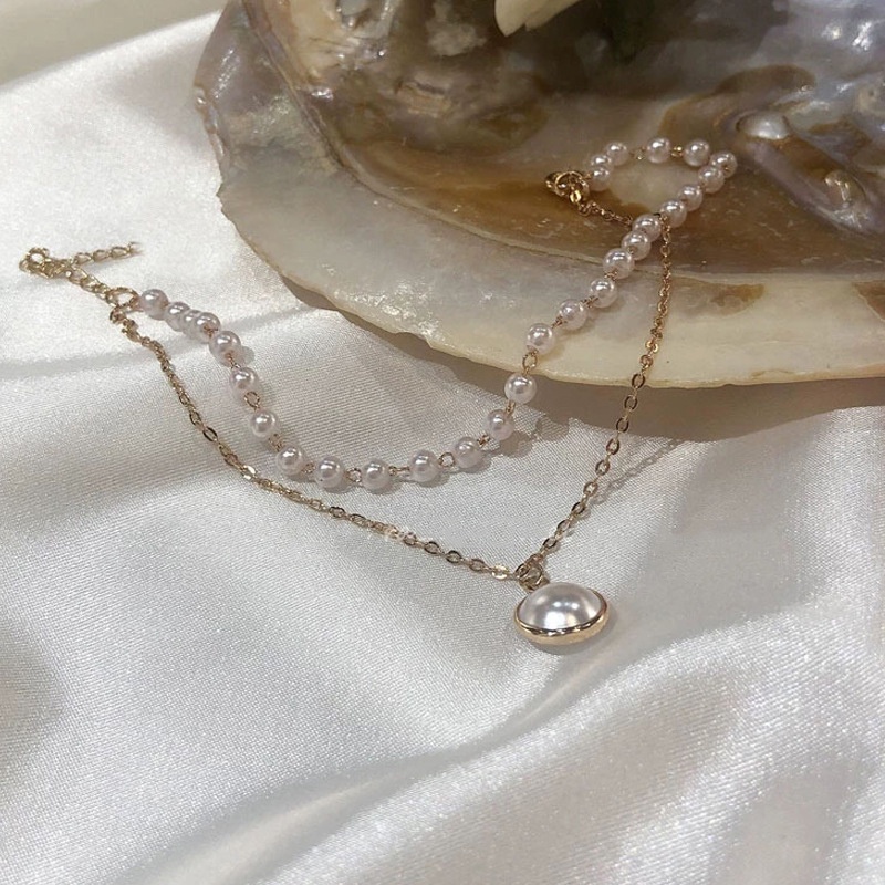 Gelang Rantai Liontin Mutiara Lapisan Ganda Gaya Korea Untuk Wanita