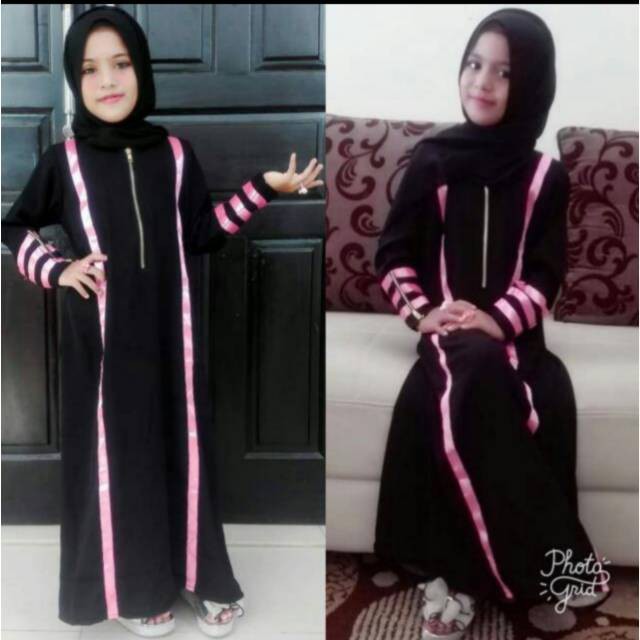 Abaya Gamis Arab Hitam Ziper Pita pink