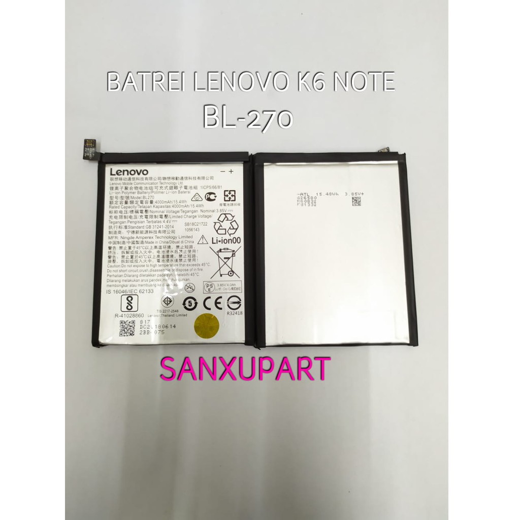 BATRE BATERE BATERAI LENOVO K6 NOTE BL-270 ORIGINAL