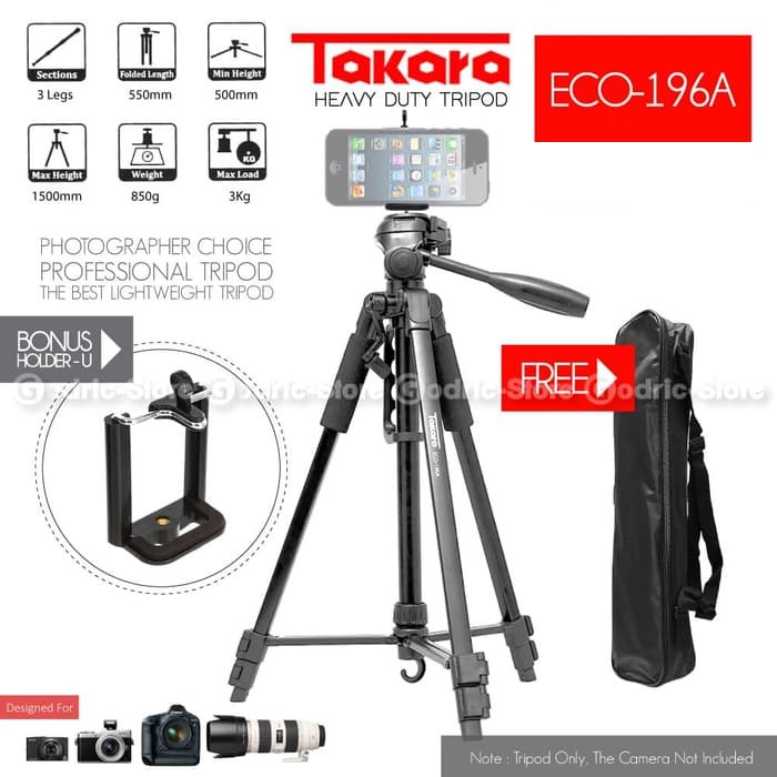 Takara Tripod ECO-196A Camera DSLR 196A FREE Bag &amp; HOLDER U Smartphone