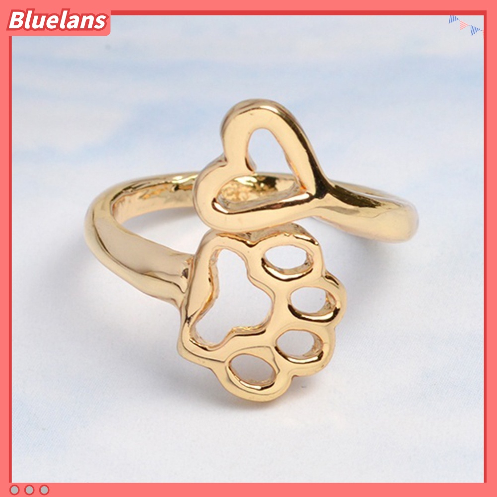 Bluelans Adjustable Opening Ring Hollow Love Heart Dog Paw Ring Jewelry for Dog Owner