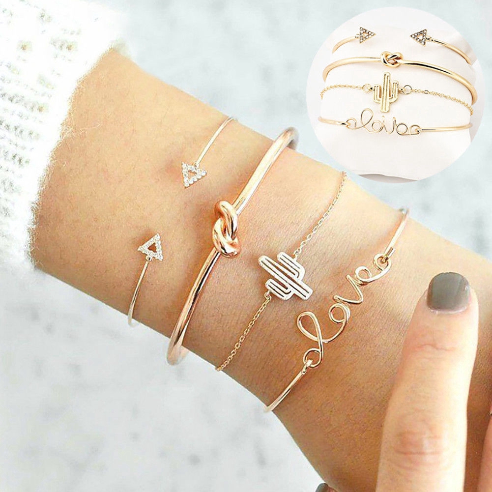 4Pcs/Set Women Gilr Gold Triangle Knot Love Cactus Opening Bangle Chain Bracelet