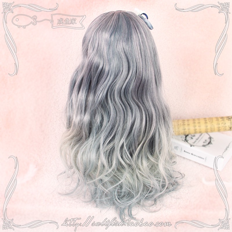 LOL-147 wig rambut palsu daily lolita korea kpop cosplay mermaid wave denim gray