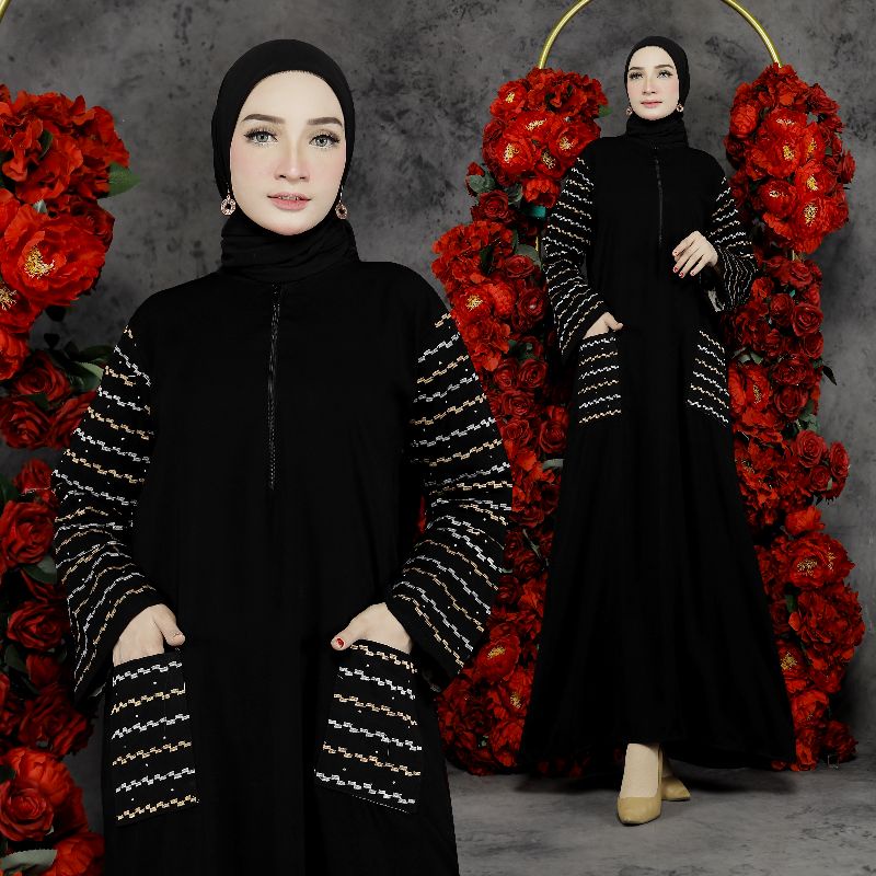 Gallery Exclusive Abaya Hitam Gamis Bordir Turkey Zigzag Kantong Busui