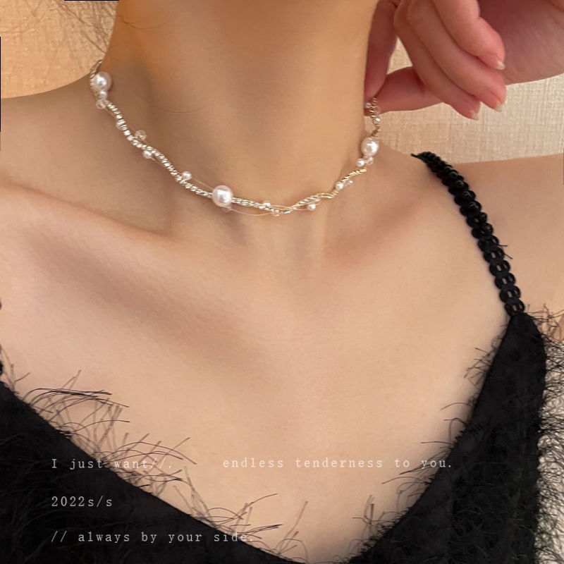 Kalung Choker Bahan Alloy Dengan Mutiara Imitasi Untuk Wanita