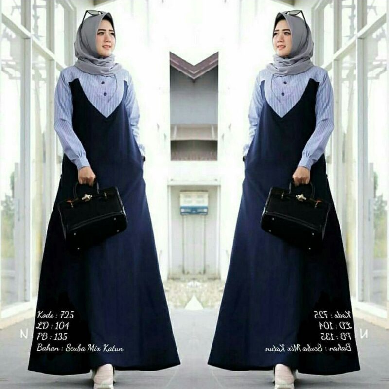 Alisa Maxi warna biru dongker navy gamis dress bahan scuba bahan katun busui murah cewek motif garis