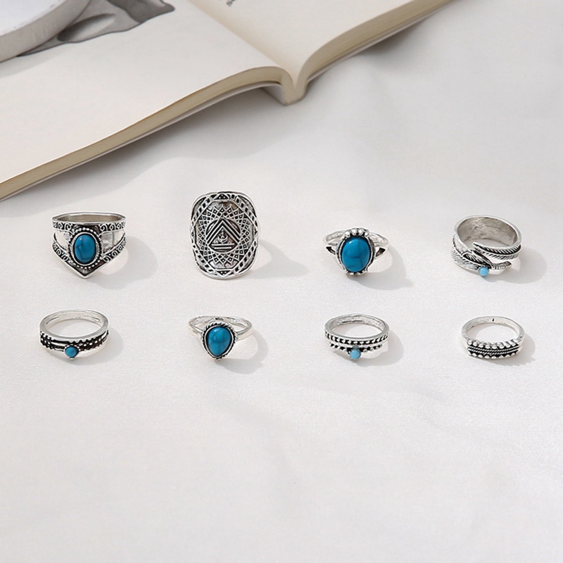 8pcs / Set Cincin Silver Antik Gaya Bohemia Dengan Batu Opal + Kristal Untuk Pria / Wanita