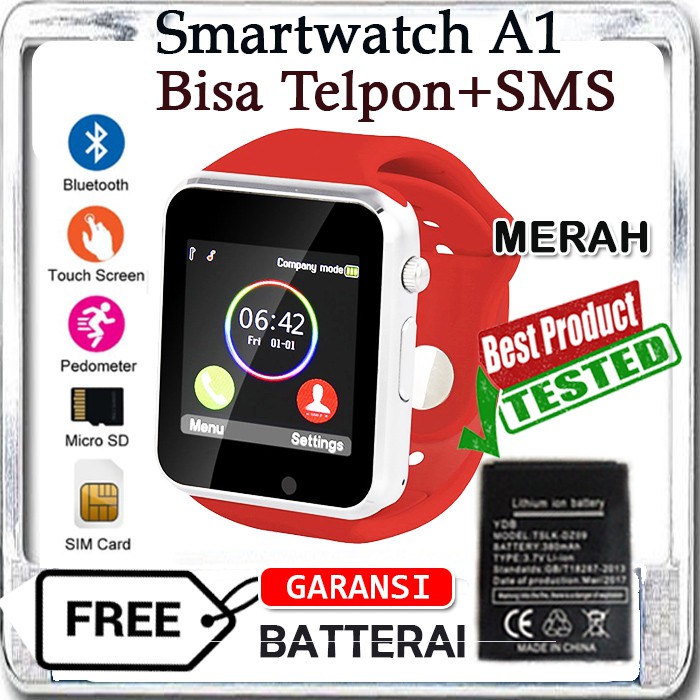 Smartwatch Jam Pintar Smart Watch A1 MERAH Free Baterai Jam Tangan Smartwatch
