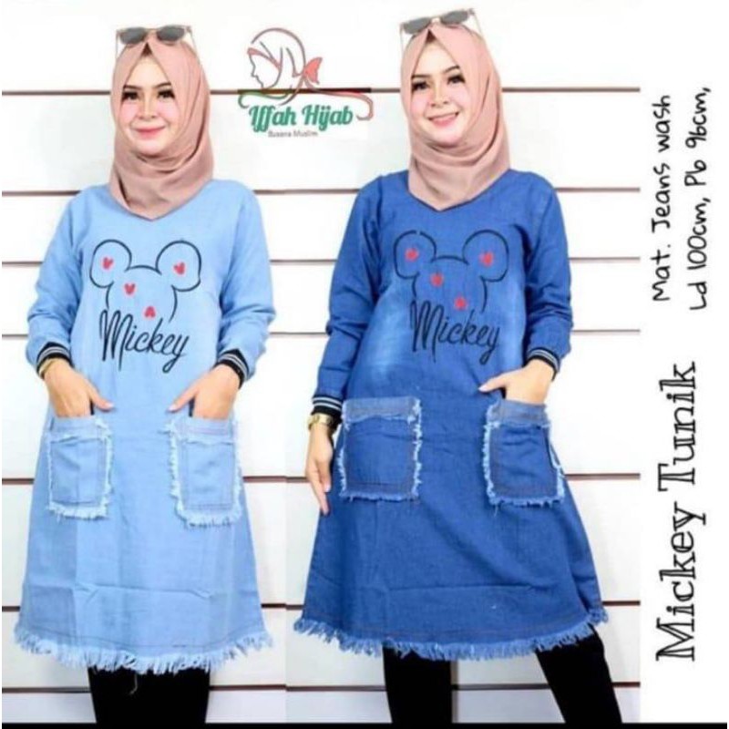 Termurah Baju Tunik Wanita Mickey Mouse Denim Jeans Wash Import Model Atasan Wanita Muslim Terbaru