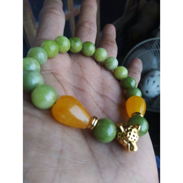 Natural Gelang Kombinasi Giok Green Sojol dan Fosil Mani Gajah Kuning Jambi Ready kelor Pirus Emas.