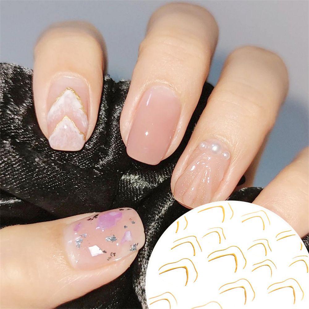 R-flower 3D Nail Sticker Self Adhesive Silver Gold Garis Geometris Stripe Transfer Stickers