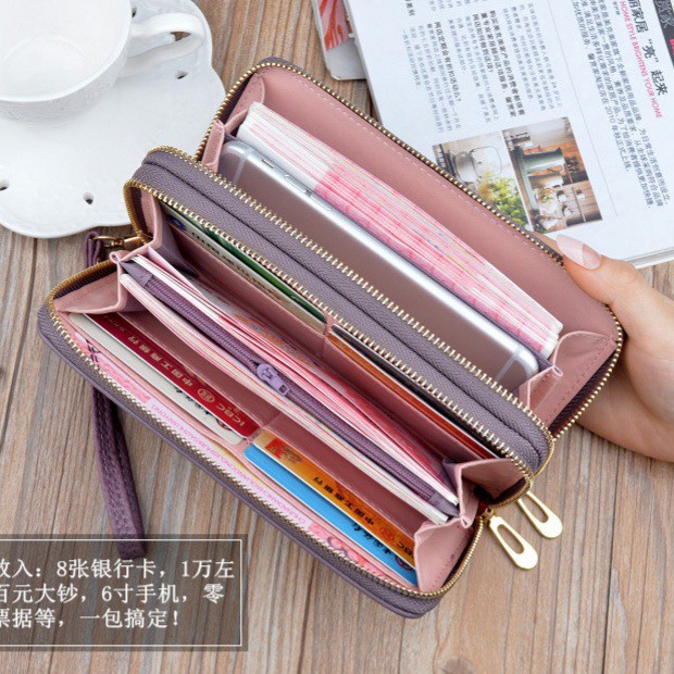 DOMPET WANITA 2 RESLETING PREMIUM PINK KULIT PANJANG KOREA MURAH FASHION ARIHA WA119P3 TALI