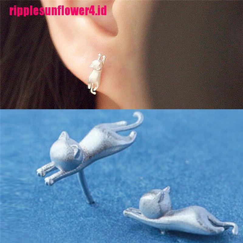 Anting Tusuk Motif Kucing Kecil Lucu Warna Silver Untuk Wanita