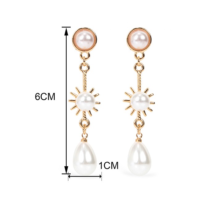 LRC Anting Tusuk Fashion Gold Sun Flower Drop Pearl Earrings F71768