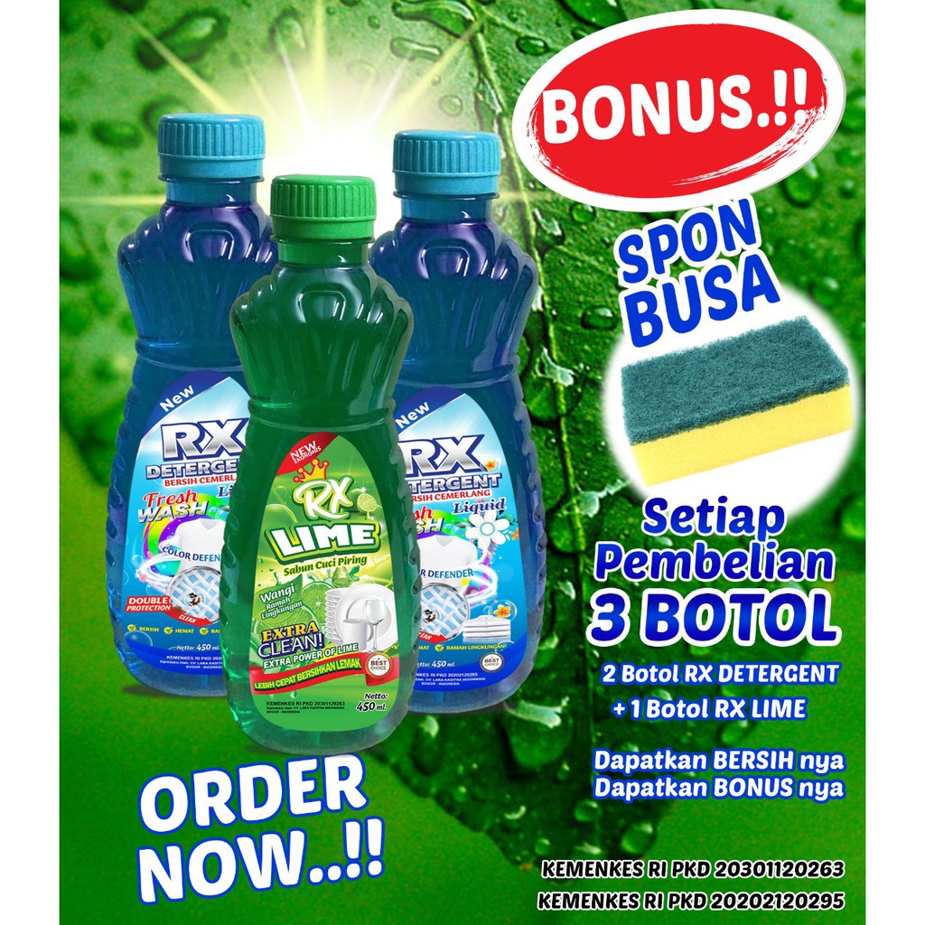 PROMO PAKET BELI 3 BOTOL HANYA RP15.000 GRATIS 1BUSA SPON (2 BOTOLRX DETERGENT 450ml + 1RX LIME)