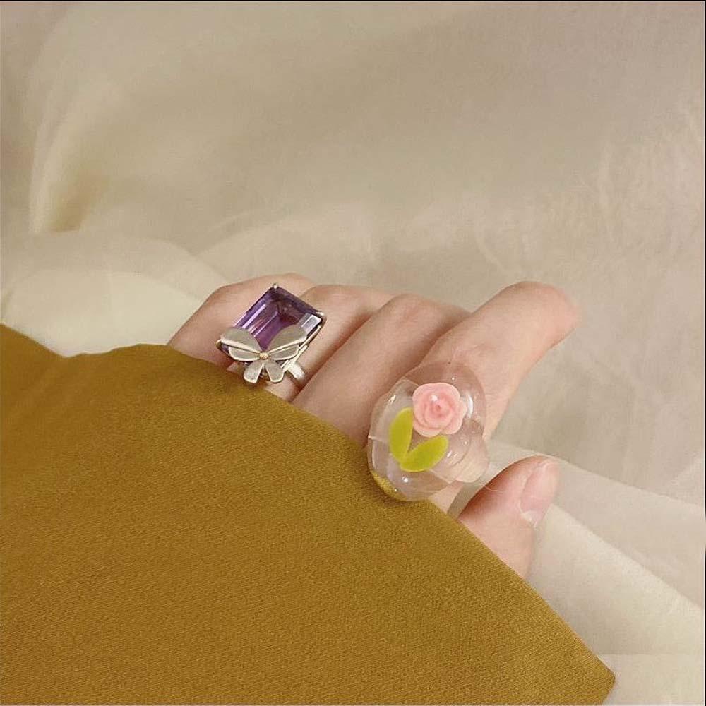 Mxbeauty Cincin Resin Temperamen Gadis Bunga Mawar Geometris Beruang Perhiasan Fashion