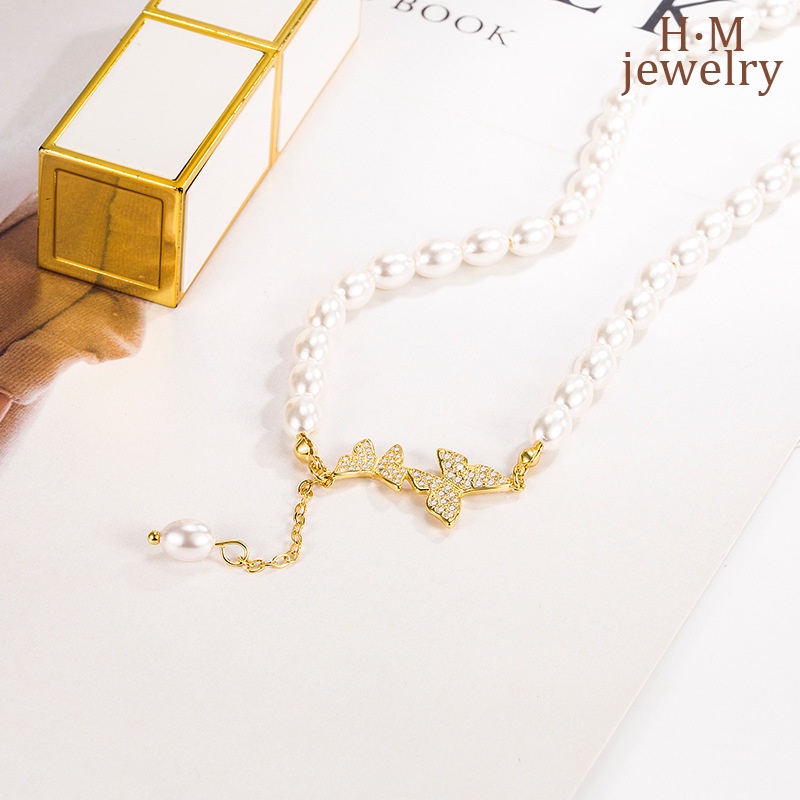 Kalung Rantai Dengan Liontin Kupu-Kupu + Mutiara Retro Mewah Untuk Wanita