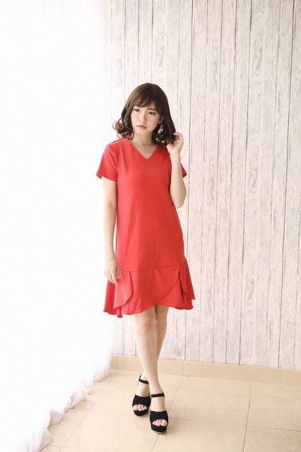 DRESS MERAH SCUBA CHLOEBEAUTYSHOP