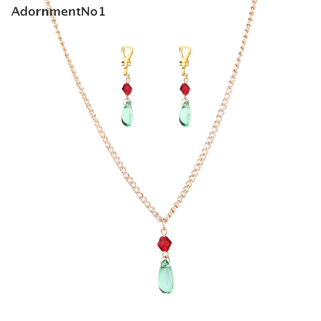 (AdornmentNo1) Kalung + Anting Gantung Panjang Kait Motif Kartun Anime Aksen Kristal Hijau Untuk Wanita