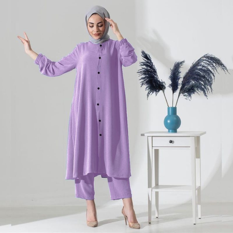 setelan tunik kancing depan baju muslimah ld 110